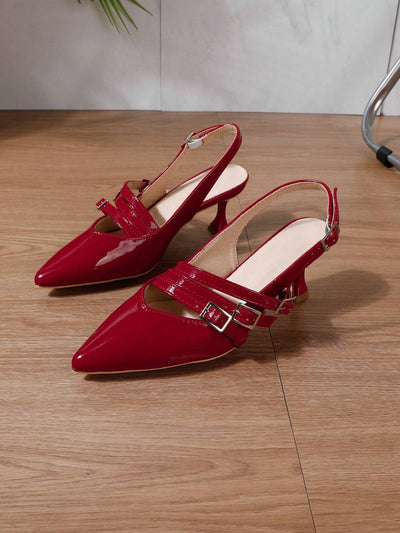 Women Buckle Decor Pyramid Heeled Mule Pumps