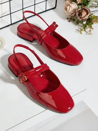 Holiday-Style Wine Red Round Toe Buckled Flat Shoes