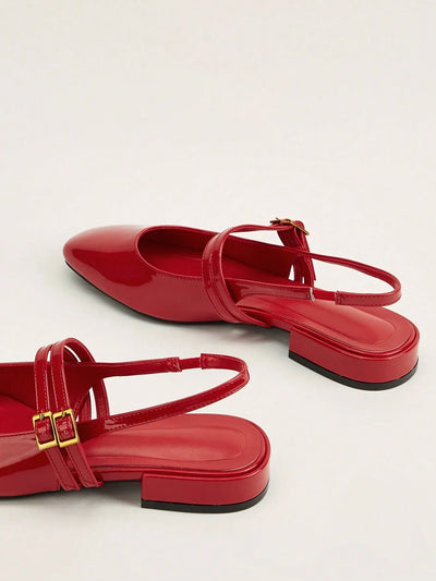 Holiday-Style Wine Red Round Toe Buckled Flat Shoes