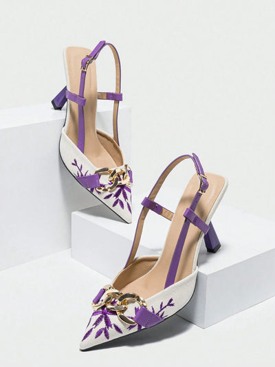 Women's Embroidery Chain Decor Pointed Toe Slip-On High Heel Sandals