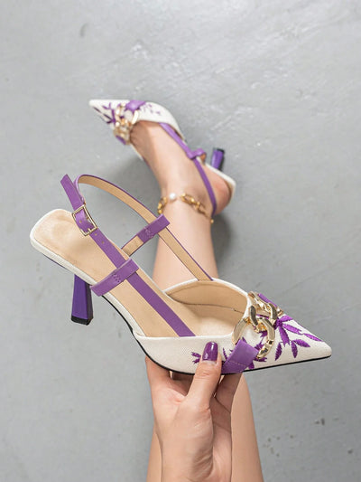 Women's Embroidery Chain Decor Pointed Toe Slip-On High Heel Sandals