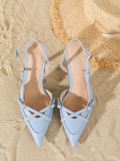 Women's Elegant Crisscross Strap Pointed Toe V-Cut Buckle High Heel Pumps