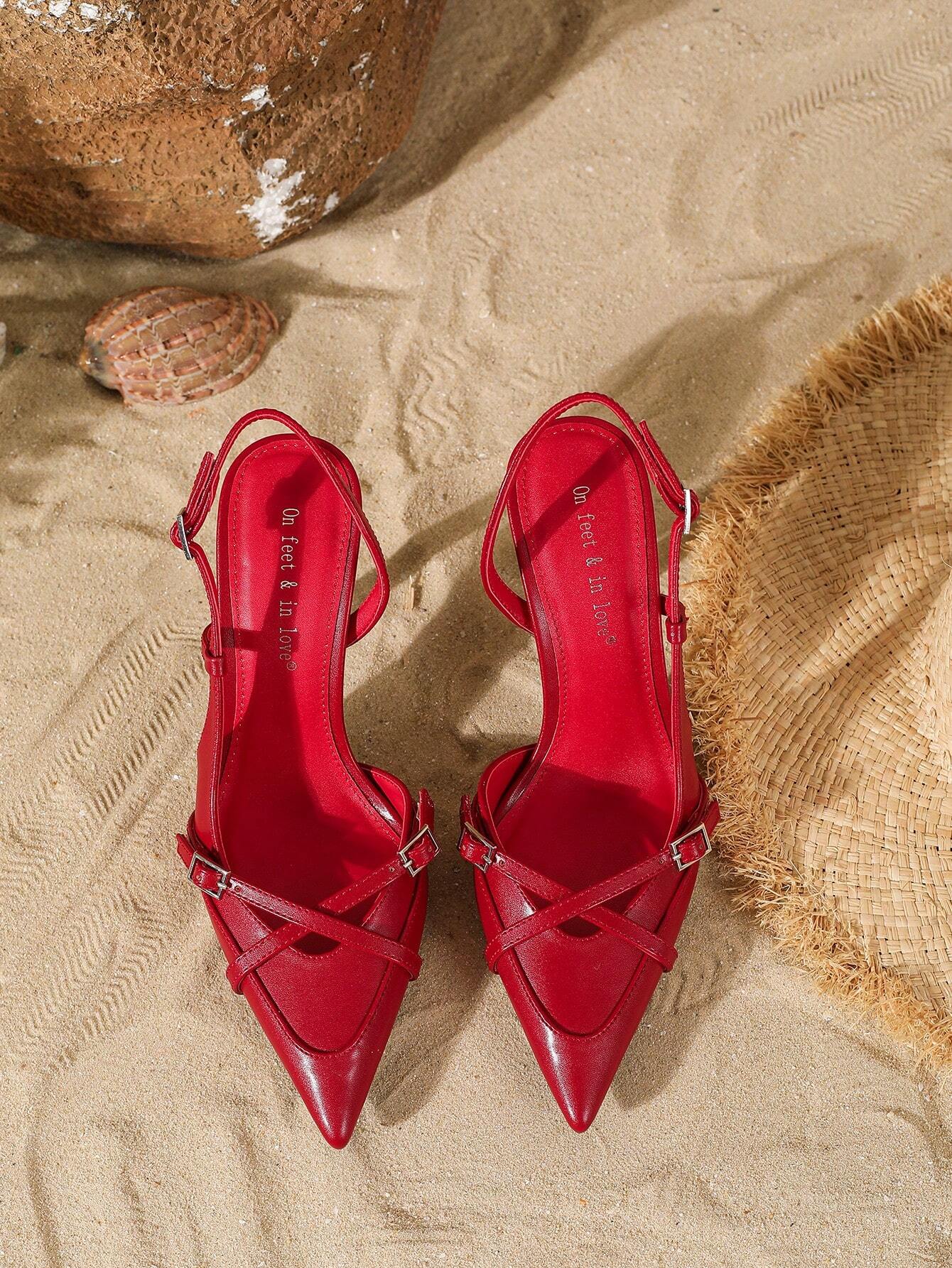 Women's Elegant Crisscross Strap Pointed Toe V-Cut Buckle High Heel Pumps