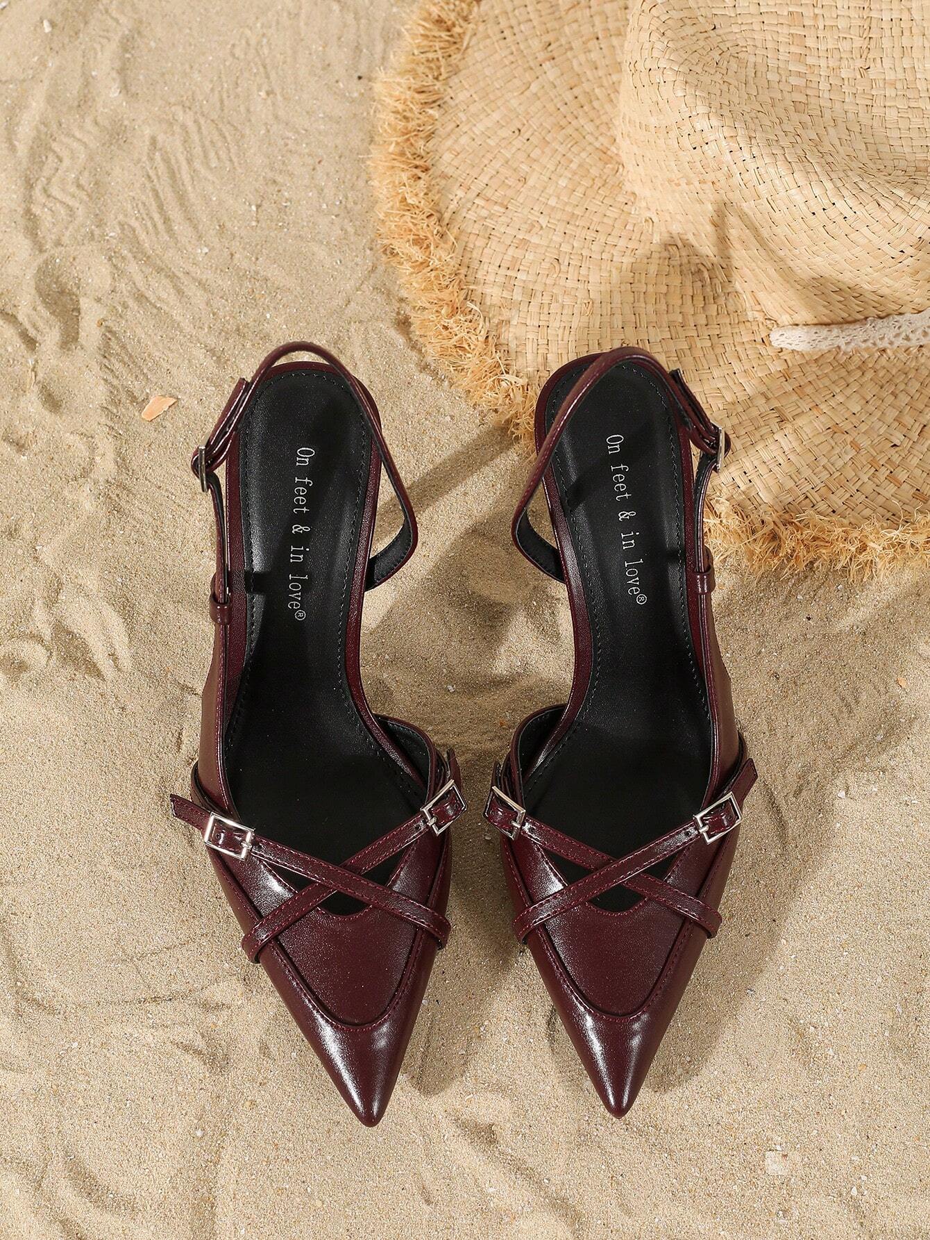 Women's Elegant Crisscross Strap Pointed Toe V-Cut Buckle High Heel Pumps