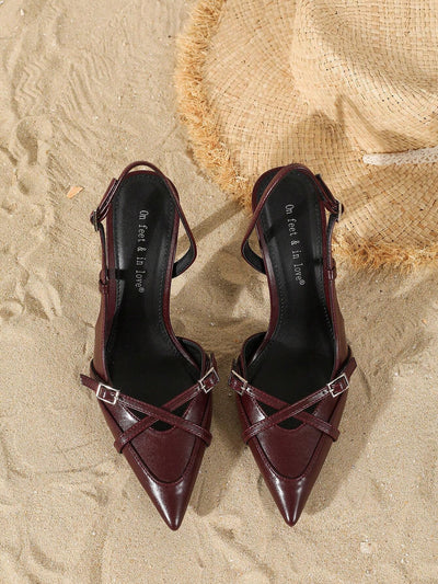 Women's Elegant Crisscross Strap Pointed Toe V-Cut Buckle High Heel Pumps