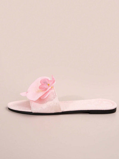 French Style Floral Strap Flat Slide Sandals