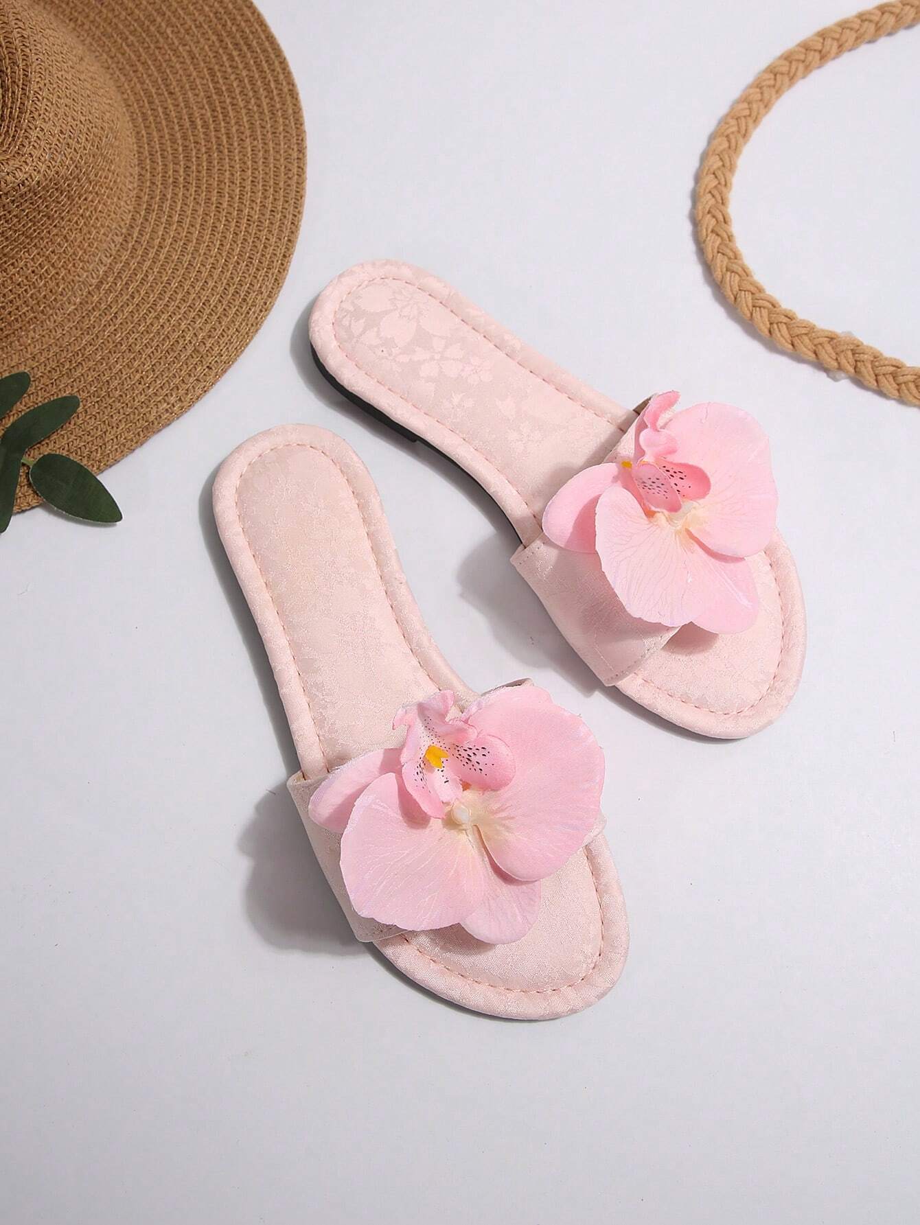 French Style Floral Strap Flat Slide Sandals