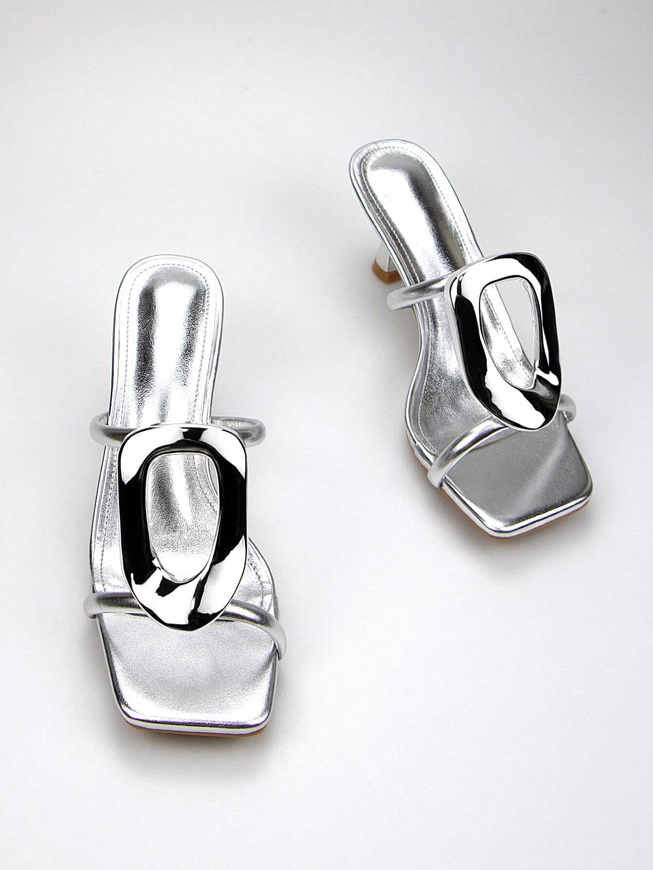 Women's Elegant & Fashionable Silver Metallic Buckle Decorated High Heel Mules