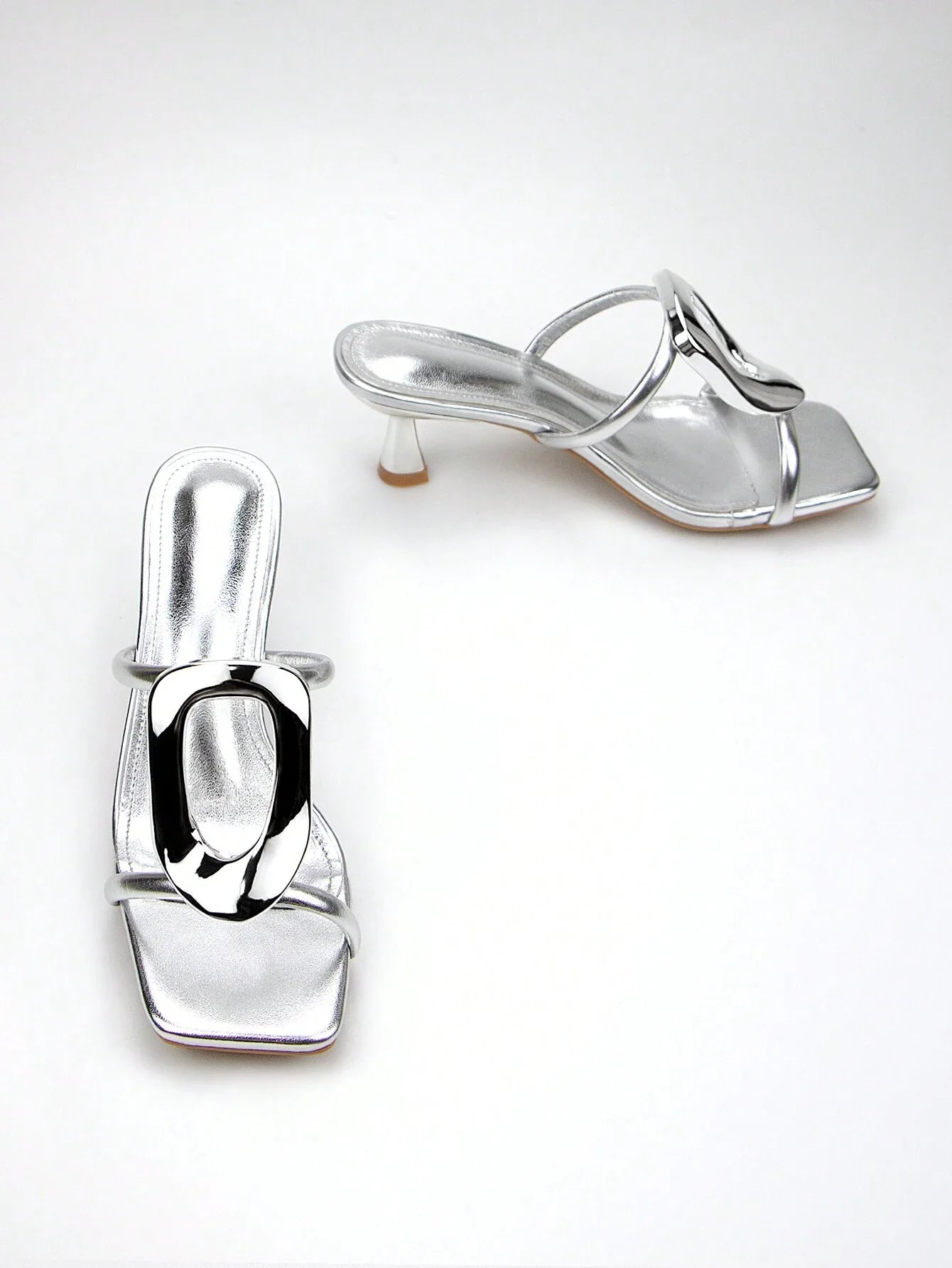 Women's Elegant & Fashionable Silver Metallic Buckle Decorated High Heel Mules