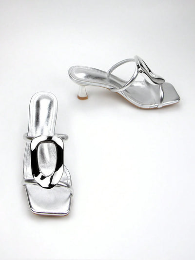 Women's Elegant & Fashionable Silver Metallic Buckle Decorated High Heel Mules