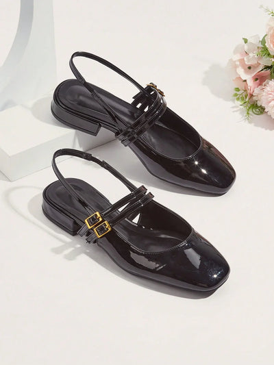 Holiday-Style Wine Red Round Toe Buckled Flat Shoes