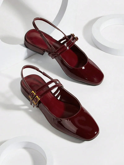 Holiday-Style Wine Red Round Toe Buckled Flat Shoes