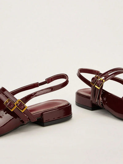 Holiday-Style Wine Red Round Toe Buckled Flat Shoes