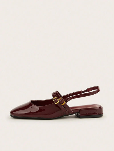 Holiday-Style Wine Red Round Toe Buckled Flat Shoes