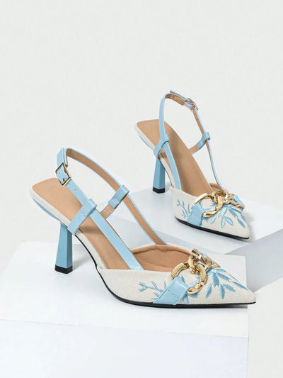 Women's Embroidery Chain Decor Pointed Toe Slip-On High Heel Sandals