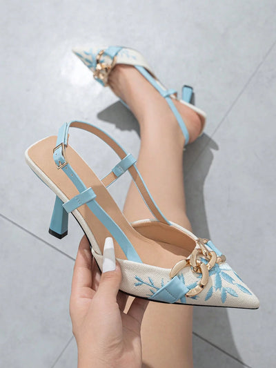 Women's Embroidery Chain Decor Pointed Toe Slip-On High Heel Sandals