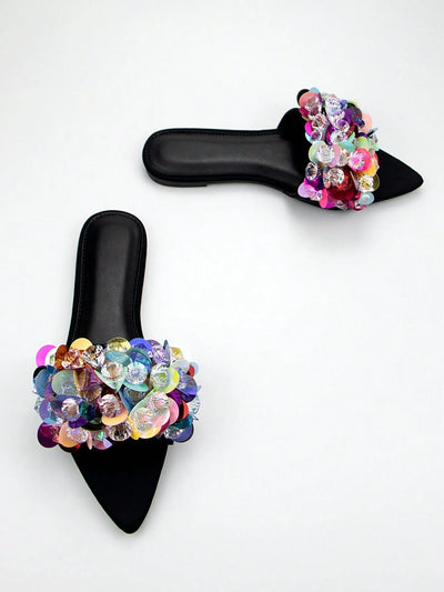 Handmade Beads Embroidery 3D Flower Decor Black Lycra Pointed Toe Flat Mules