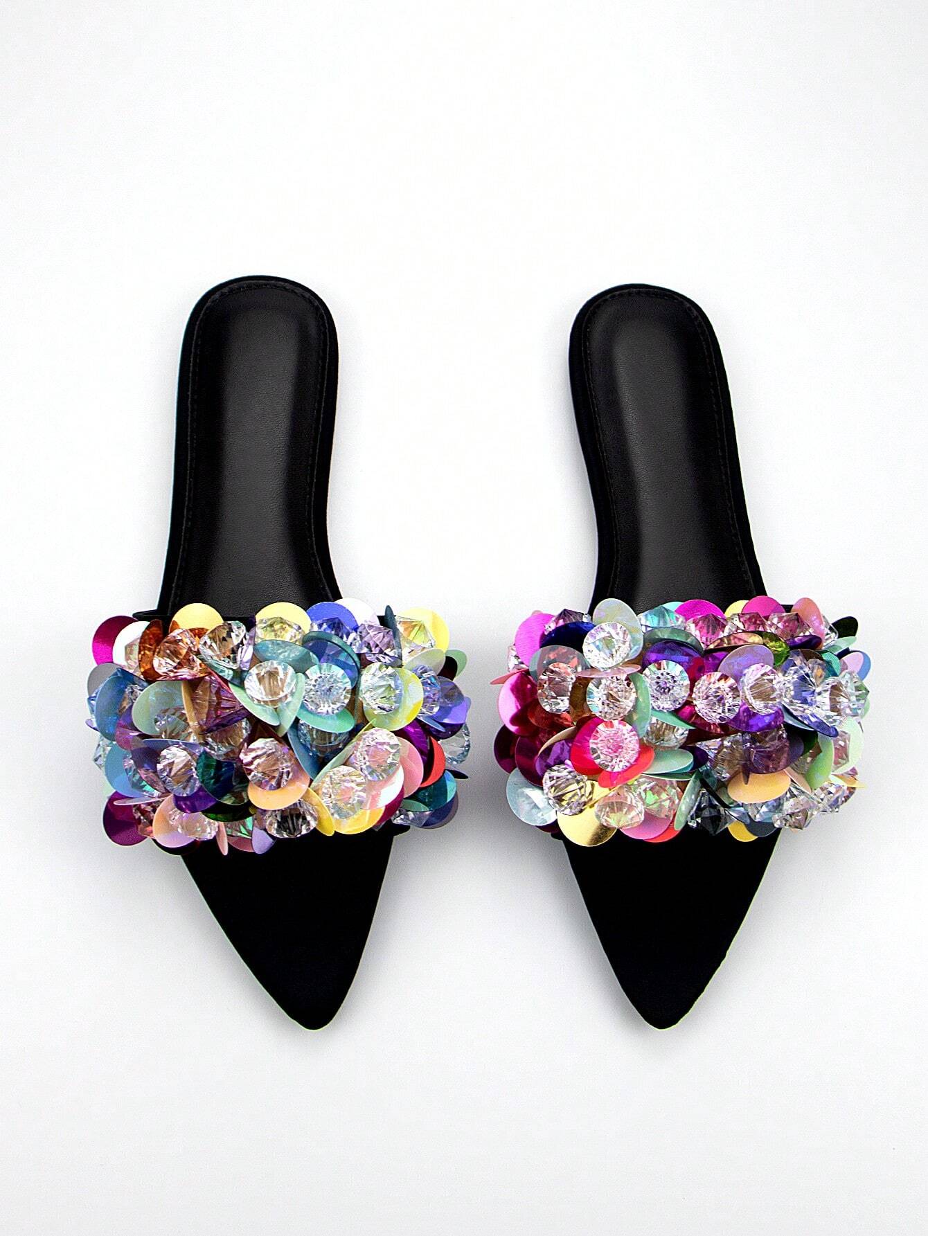 Handmade Beads Embroidery 3D Flower Decor Black Lycra Pointed Toe Flat Mules