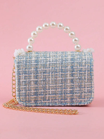 1pc Mini Girls' Cloth Shoulder Bag With Bowknot, Pearl Beads, Lace Edge And Metal Chain