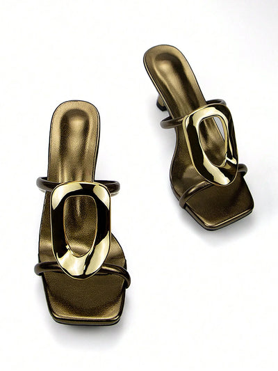 Women's Elegant & Fashionable Silver Metallic Buckle Decorated High Heel Mules