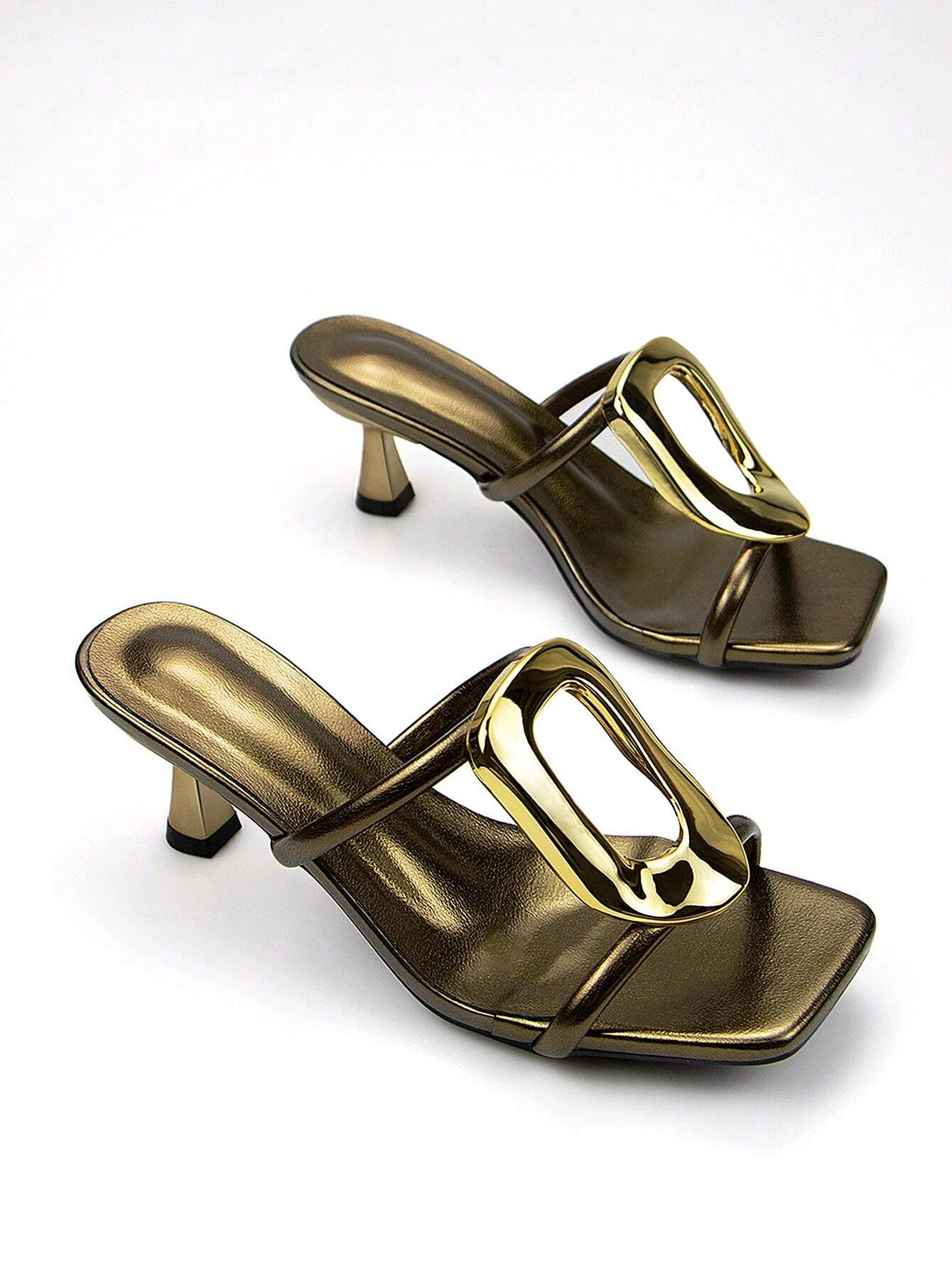 Women's Elegant & Fashionable Silver Metallic Buckle Decorated High Heel Mules