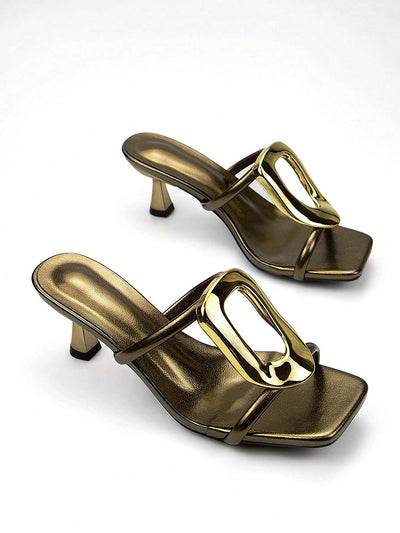 Women's Elegant & Fashionable Silver Metallic Buckle Decorated High Heel Mules