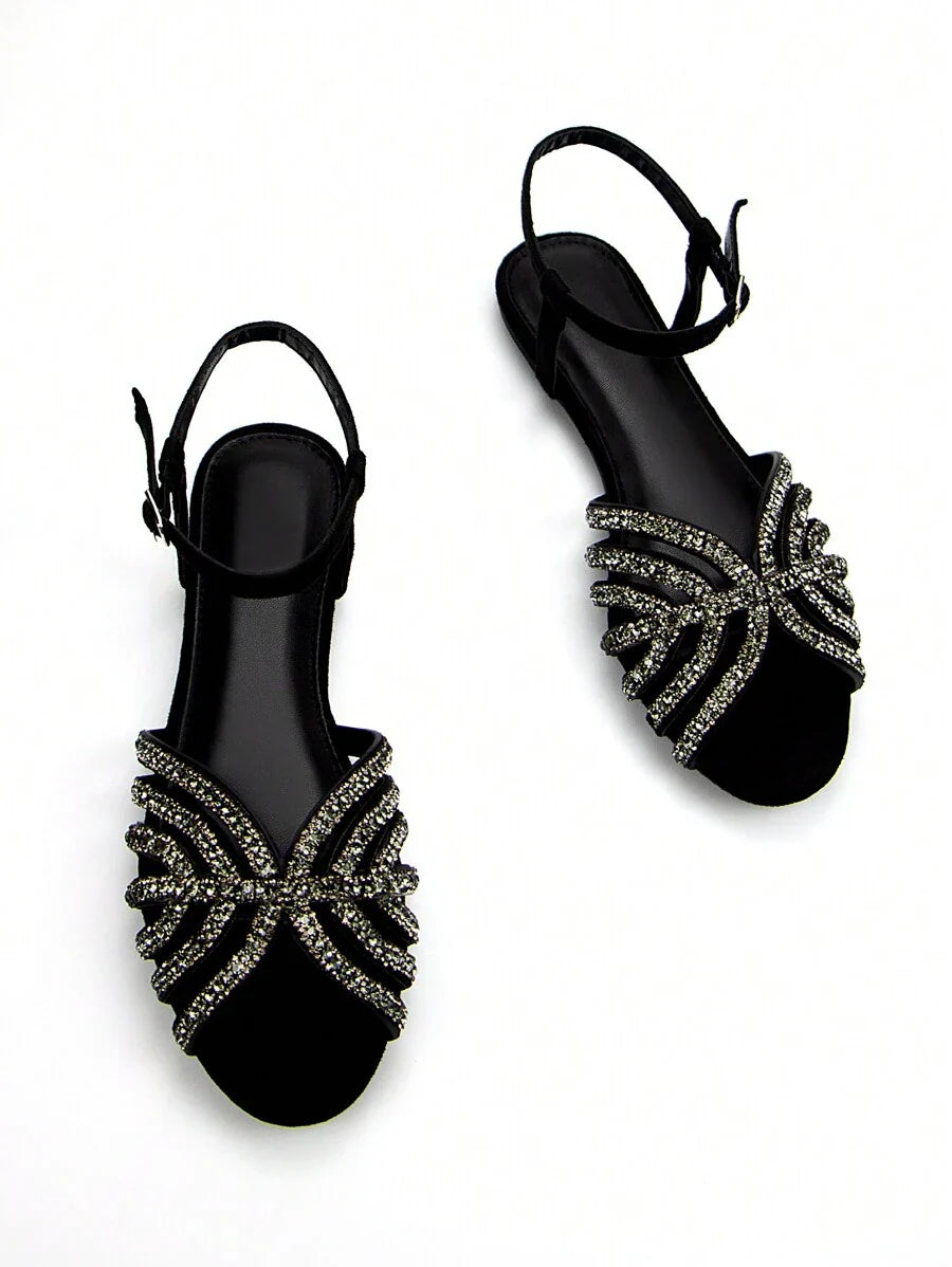 Women Glitter Rhinestone Hollow-Out Decor Suede Fashionable Peep Toe Ankle Strap Flats