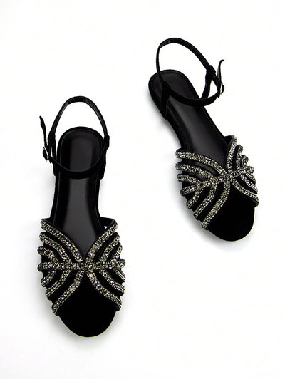 Women Glitter Rhinestone Hollow-Out Decor Suede Fashionable Peep Toe Ankle Strap Flats