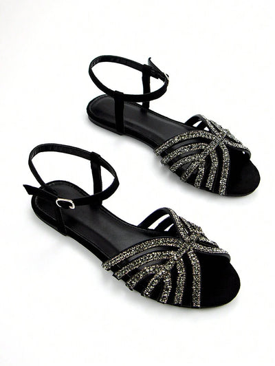 Women Glitter Rhinestone Hollow-Out Decor Suede Fashionable Peep Toe Ankle Strap Flats