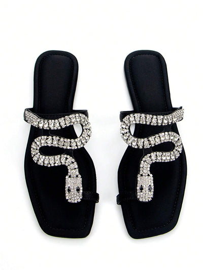 Women's Glamorous 3D Snake Crystal Chain Toe Slip-On Flat Mule Sandals