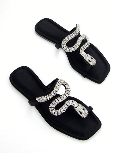 Women's Glamorous 3D Snake Crystal Chain Toe Slip-On Flat Mule Sandals