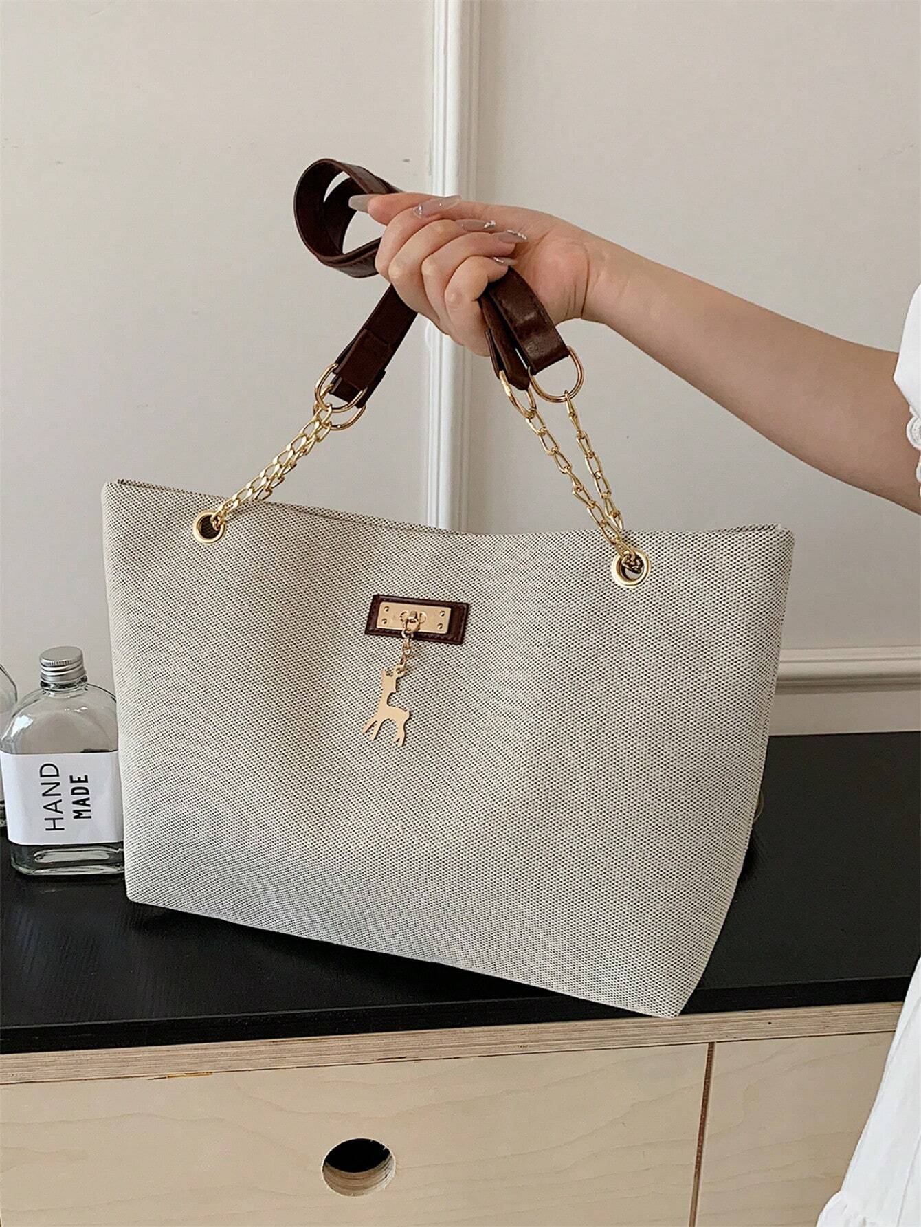1pc Polyester Deer Decoration Large Capacity Zipper Closure Fashion Shoulder Tote Bag