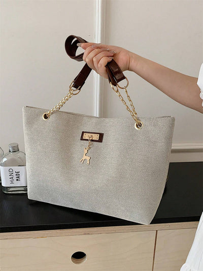 1pc Polyester Deer Decoration Large Capacity Zipper Closure Fashion Shoulder Tote Bag