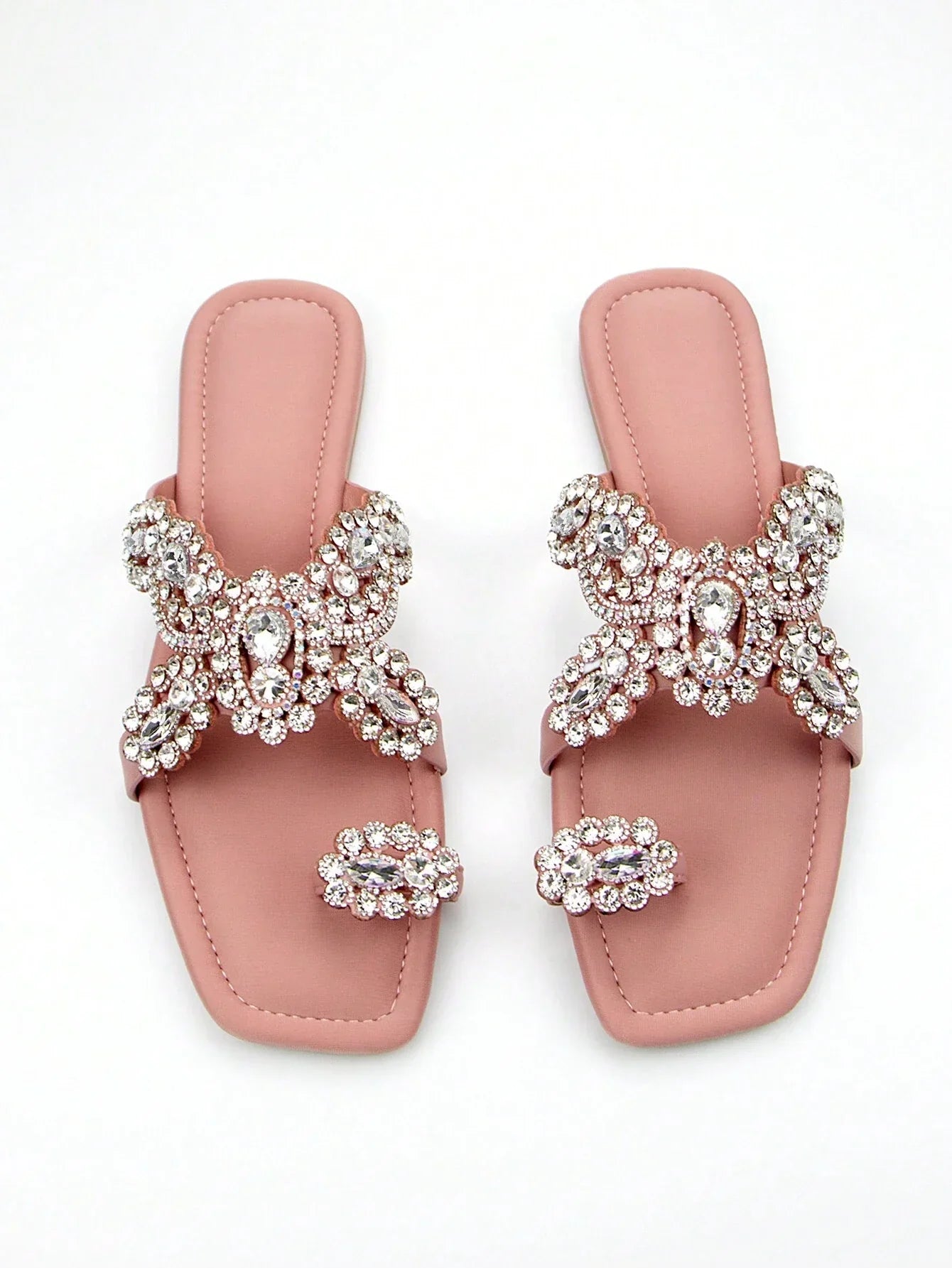 Women's Glamorous Style Rhinestone Flower Decoration Black Lycra Fabric Comfortable Square Toe Slip-On Flat Mules