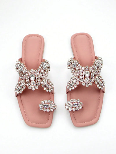 Women's Glamorous Style Rhinestone Flower Decoration Black Lycra Fabric Comfortable Square Toe Slip-On Flat Mules