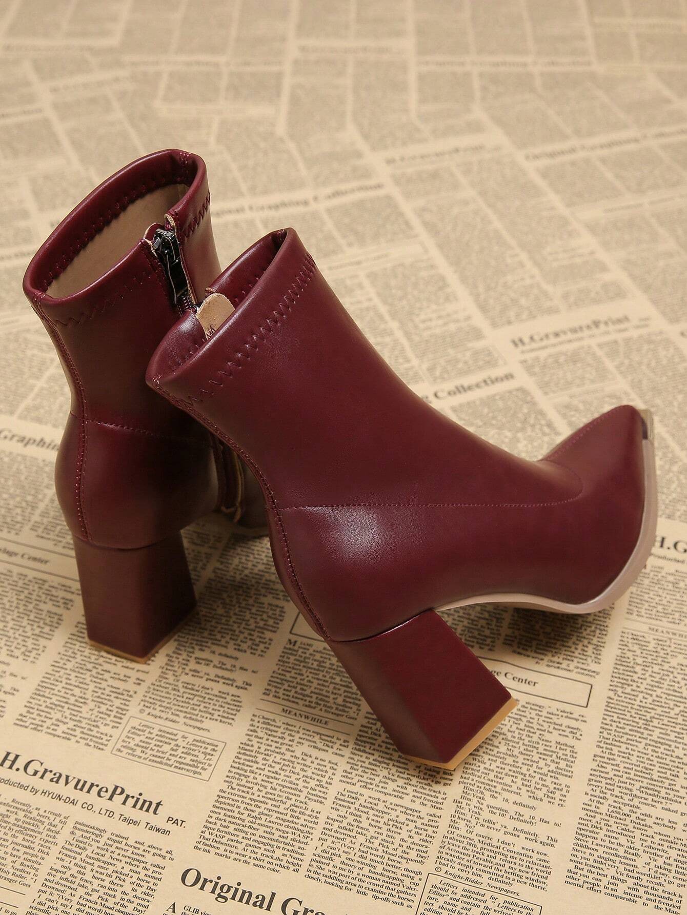 New Elegant Wine Red Thick Heel High Heel Pointed Toe Women Boots