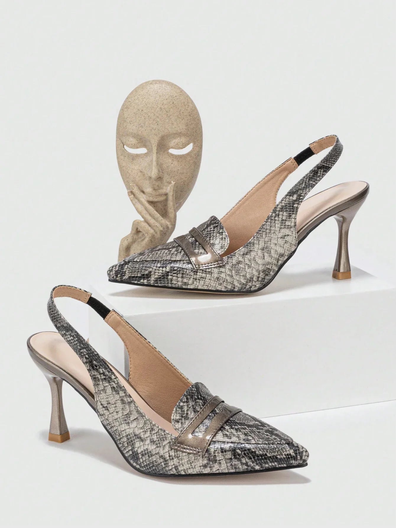 Snakeskin Embossed Pyramid Heeled Slingback Pumps