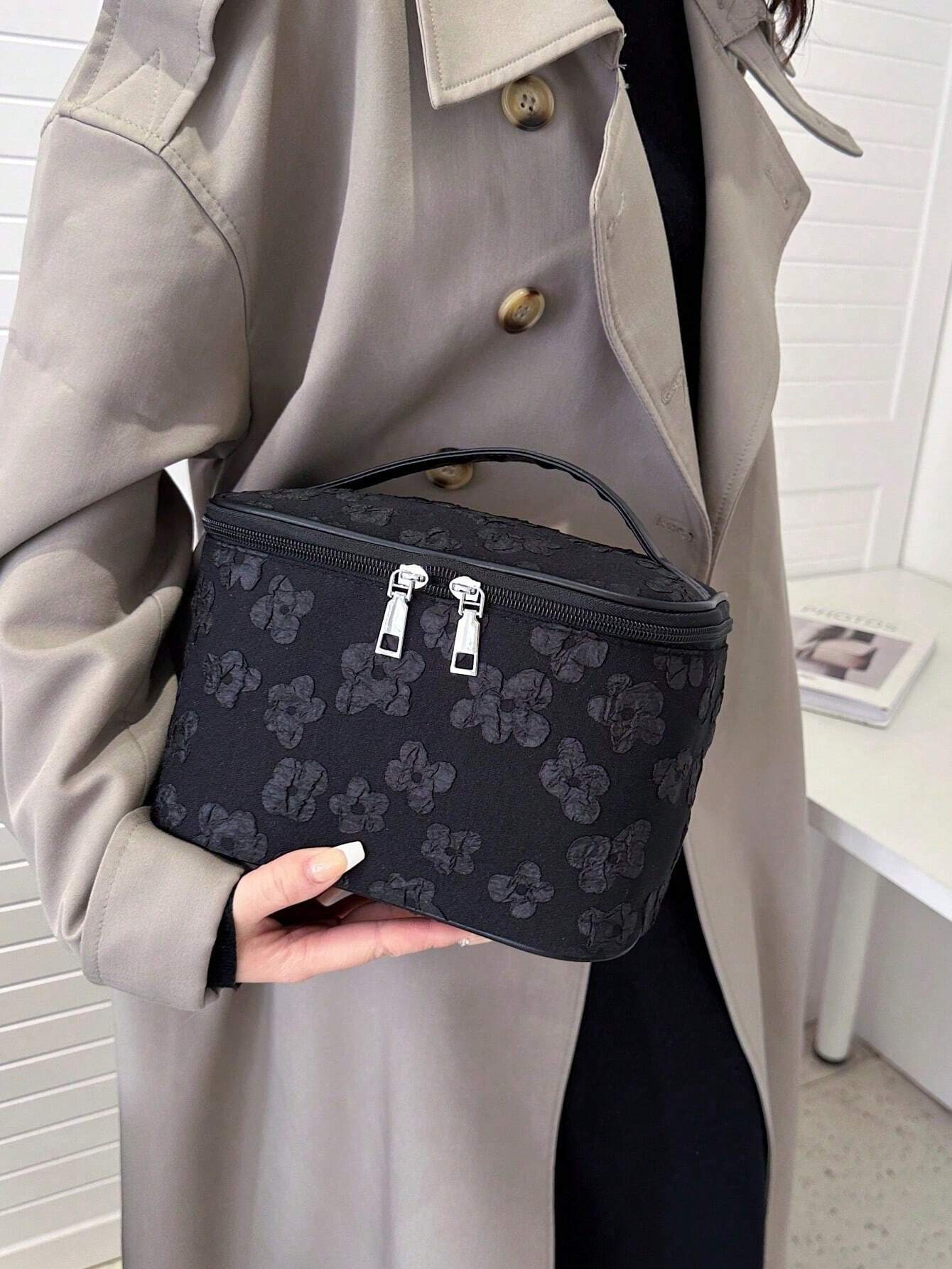 Floral Pattern Makeup Bag Top Handle Zip Around