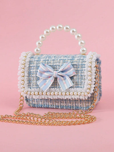 1pc Mini Girls' Cloth Shoulder Bag With Bowknot, Pearl Beads, Lace Edge And Metal Chain