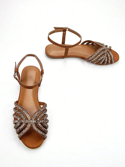 Women Glitter Rhinestone Hollow-Out Decor Suede Fashionable Peep Toe Ankle Strap Flats