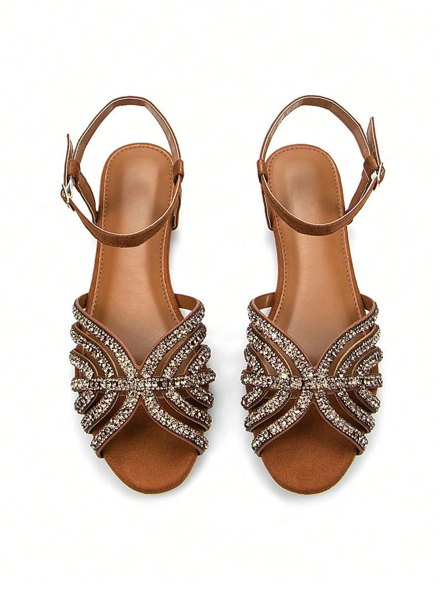 Women Glitter Rhinestone Hollow-Out Decor Suede Fashionable Peep Toe Ankle Strap Flats