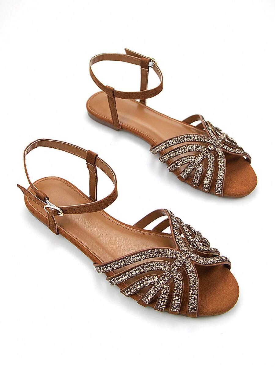Women Glitter Rhinestone Hollow-Out Decor Suede Fashionable Peep Toe Ankle Strap Flats
