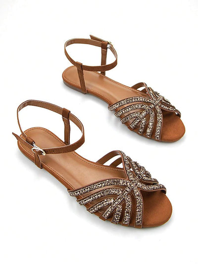 Women Glitter Rhinestone Hollow-Out Decor Suede Fashionable Peep Toe Ankle Strap Flats