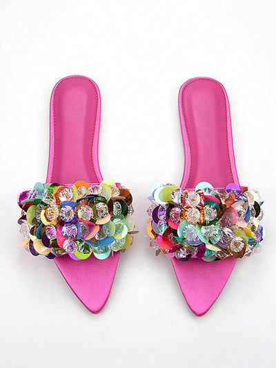 Handmade Beads Embroidery 3D Flower Decor Black Lycra Pointed Toe Flat Mules