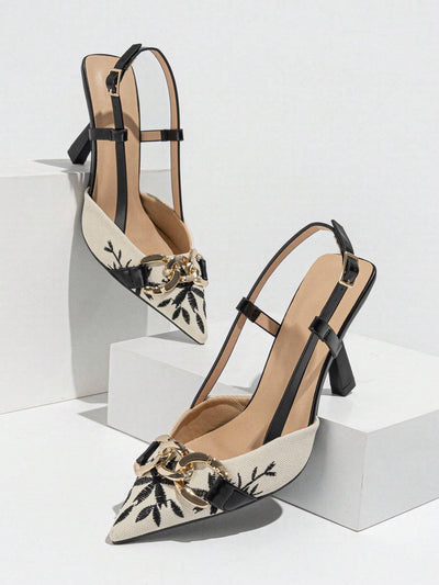 Women's Embroidery Chain Decor Pointed Toe Slip-On High Heel Sandals