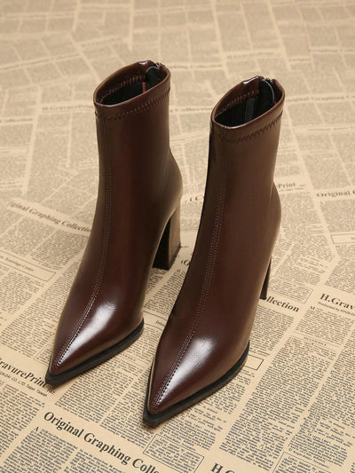 New Elegant Wine Red Thick Heel High Heel Pointed Toe Women Boots