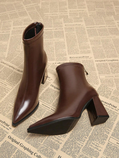 New Elegant Wine Red Thick Heel High Heel Pointed Toe Women Boots