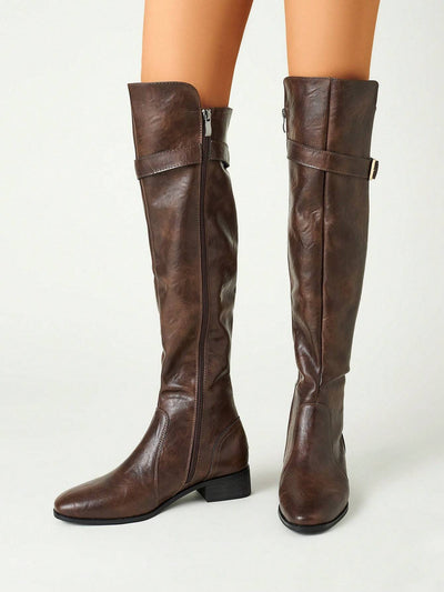 Women Faux Suede Buckle Decor Zipper Side Chunky Heeled Knee High Black Riding Boots