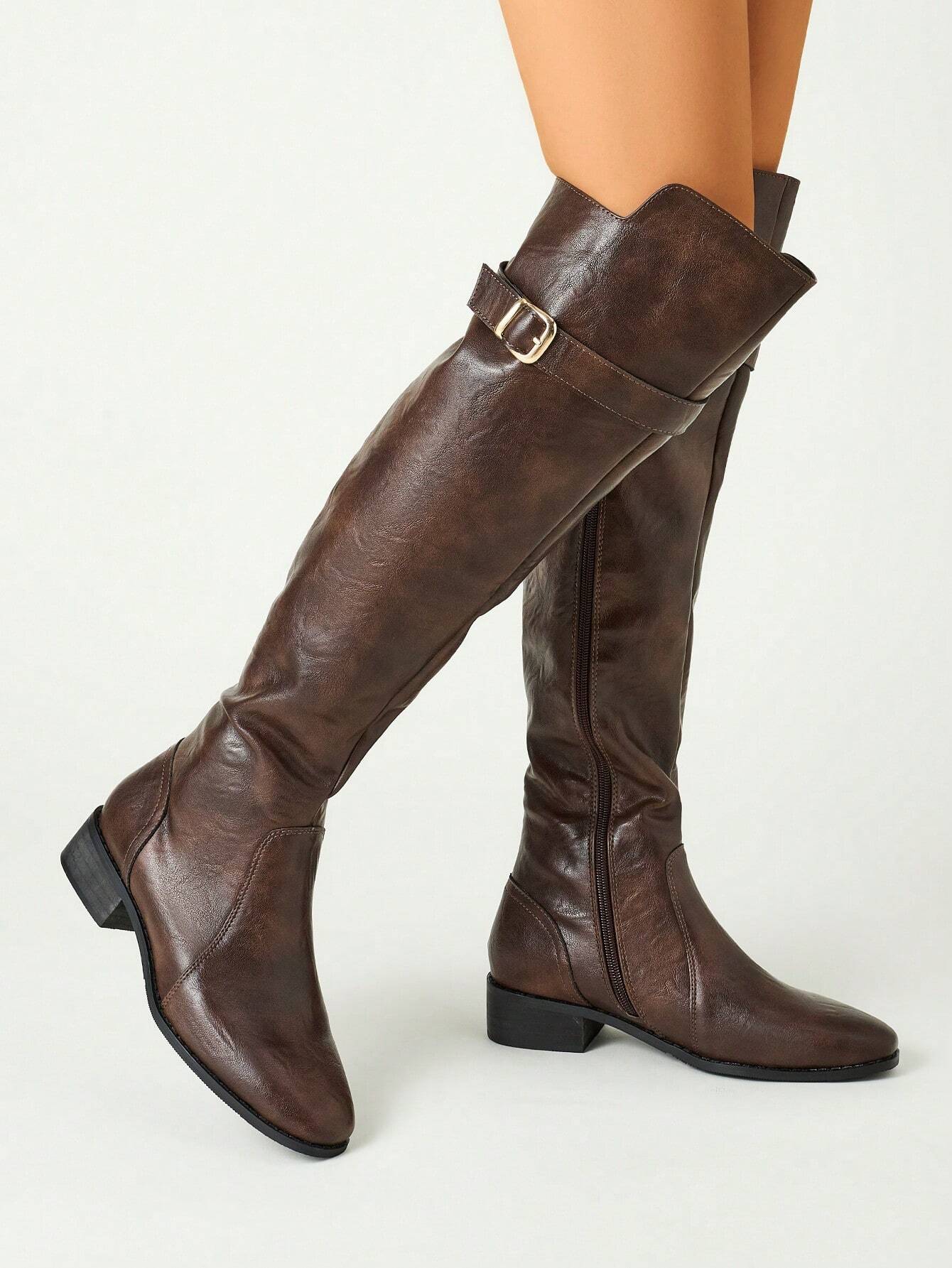 Women Faux Suede Buckle Decor Zipper Side Chunky Heeled Knee High Black Riding Boots