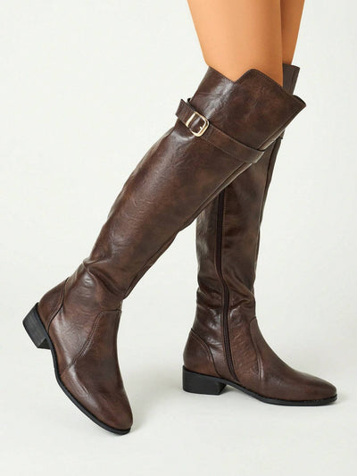 Women Faux Suede Buckle Decor Zipper Side Chunky Heeled Knee High Black Riding Boots